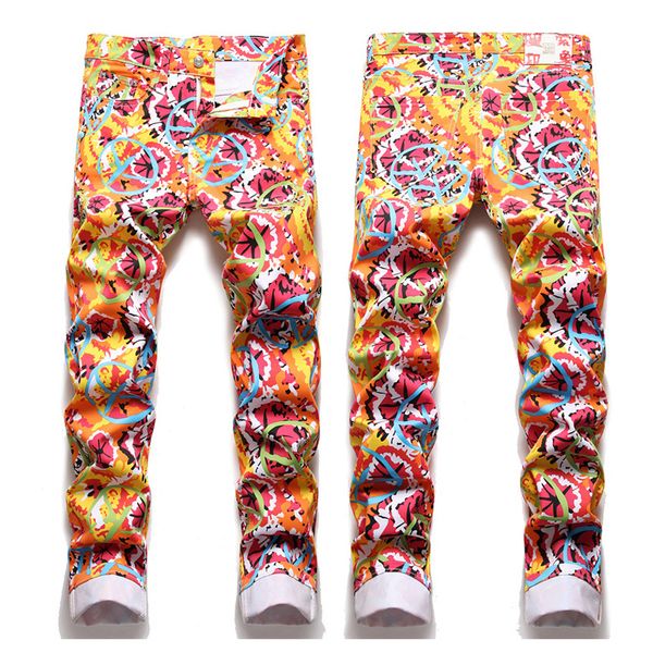 

men's full printed denim pants slim fit skinny night club cool jean, Blue