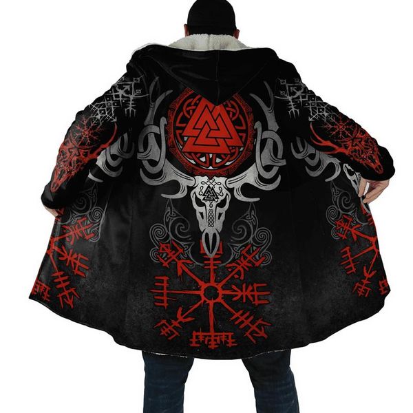 Мужские траншеи Coats Зимние мужские мысы викинги Odin Tattoo 3D -печать толстая руна с капюшоном унисекс повседневная теплая куртка.