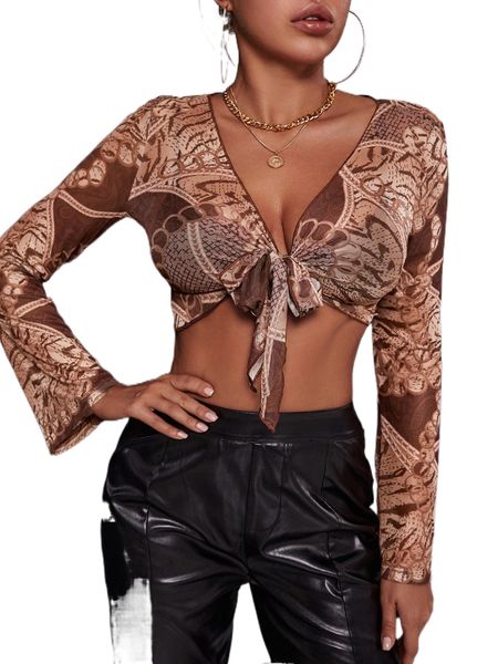 

sxy chain print tie front crop mesh r1gq#, White