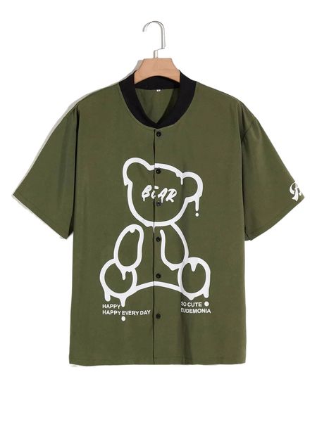 

men bear and slogan graphic baseball collar shirt e5gl#, White;black