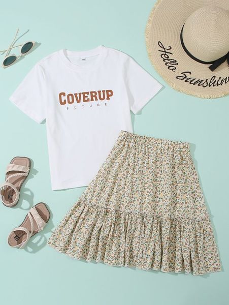 

girls letter graphic tee & ditsy floral print frill trim skirt she, White