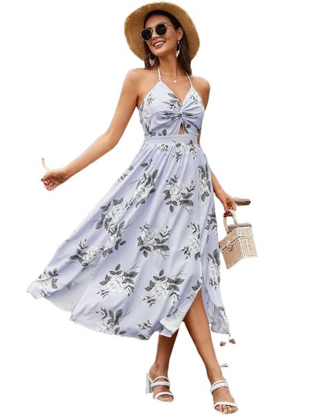 

floral print twist split thigh backless halter dress b13v#, Black;gray