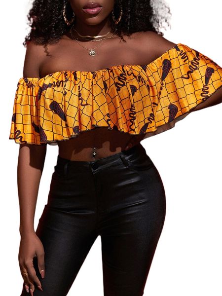 

sxy geo and graphic print off shoulder ruffle crop d4wy#, White