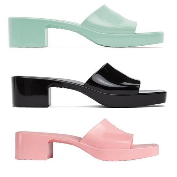 

2020 collection womens rubber slip-on heeled slippers jelly platform sandals with low block heel size euro 35-41258a, Black