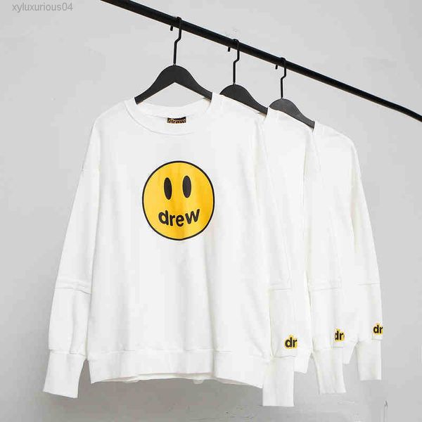 

2021 fashion brand drew smiling face printing men's and women's same couple's round neck splicing sleeve sweater, Black