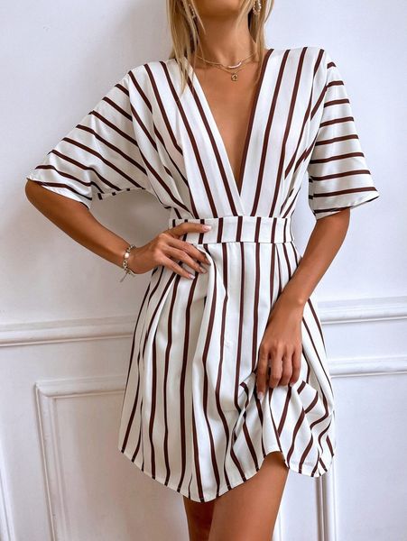 

striped plunging neck fold pleated detail dress q4oi#, Black;gray