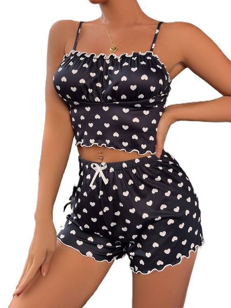 

lettuce trim ruched bust heart print pj set e7wi#, Black;red