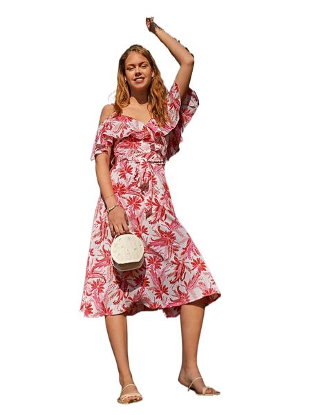 

floral print cold shoulder ruffle trim belted dress b2hy#, Black;gray