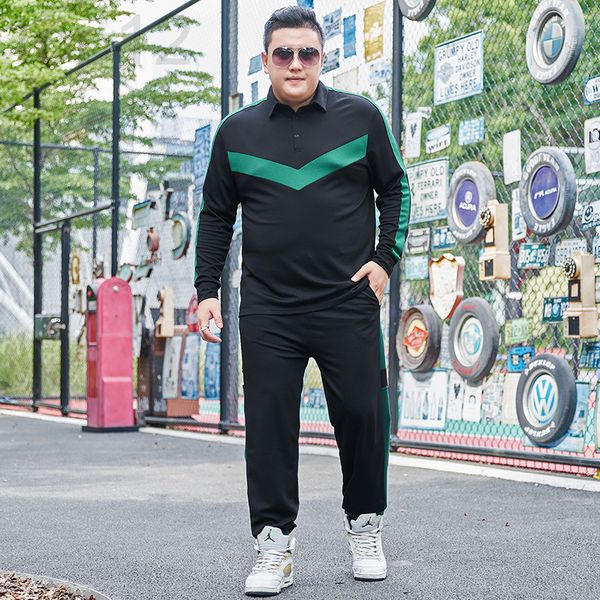 

men's casual shirts designer fat men's plus size loose lapel casual suit bodysuit oversized long sleeve t-shirt two piece set 7xl, White;black