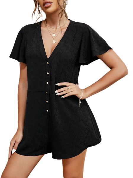 

plant jacquard butterfly sleeve button front romper r6oo#, Black;white