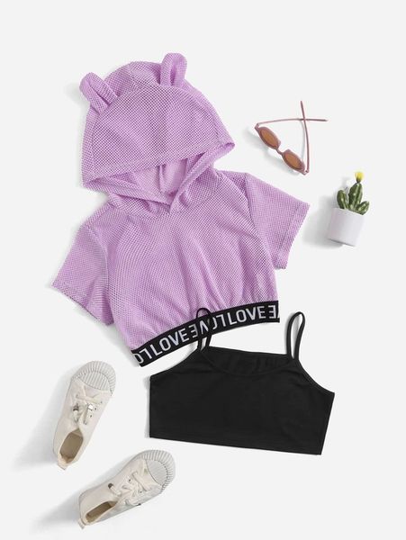 

girls letter tape panel 3d ears design hoodie & cami she, White