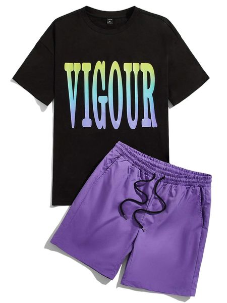 

men letter graphic tee & patched pocket shorts p0uv#, Gray