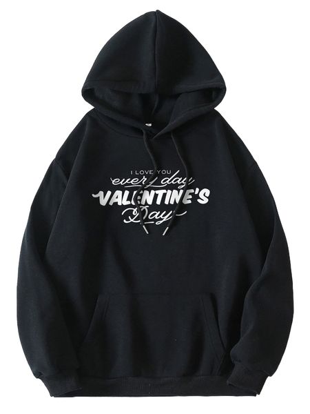 

slogan graphic drawstring thermal lined hoodie m57d#, Black