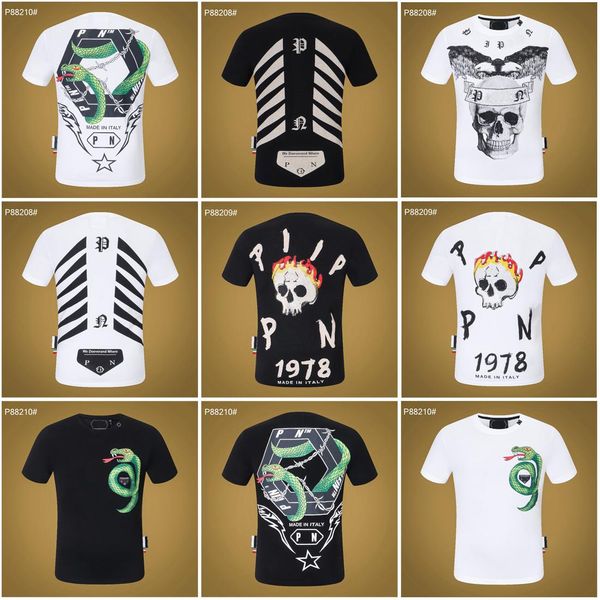 

pp fashion men's designer slim fit t-shirt summer rhinestone short sleeve round neck shirt tee skulls print stree uhj philipps pleins, White;black