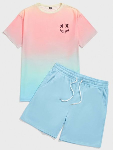

men ombre cartoon face graphic tee & drawstring track shorts set z874#, Gray