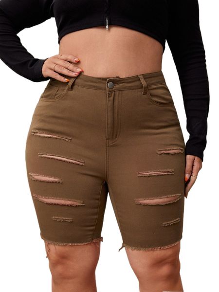 

plus high waist ripped raw hem denim shorts o45m#, White;black