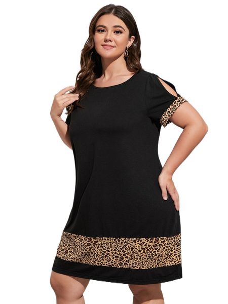 

plus leopard print slit sleeve tee dress w0sj#, Black