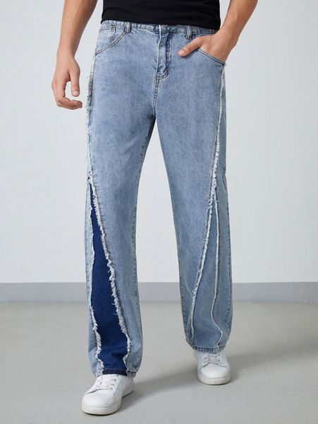 

men raw wash colorblock jeans 07c0#, Blue