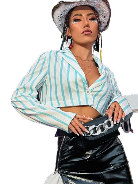 

vertical striped single button crop blazer t2mi#, White