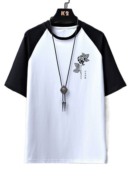 

men japanese letter & rose print raglan sleeve tee z6zd#, White;black