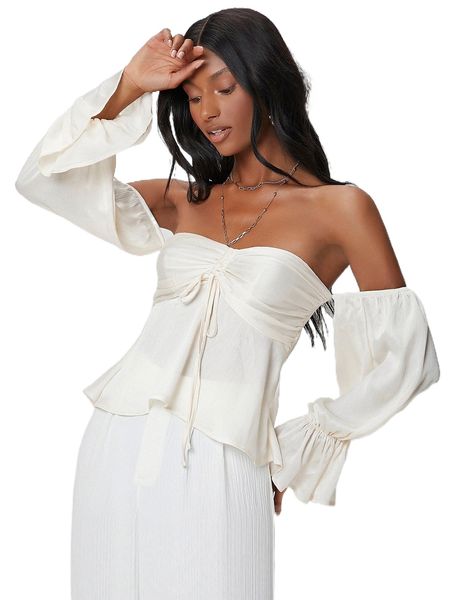 

off shoulder flounce sleeve ruched knot peplum j8rc#, White