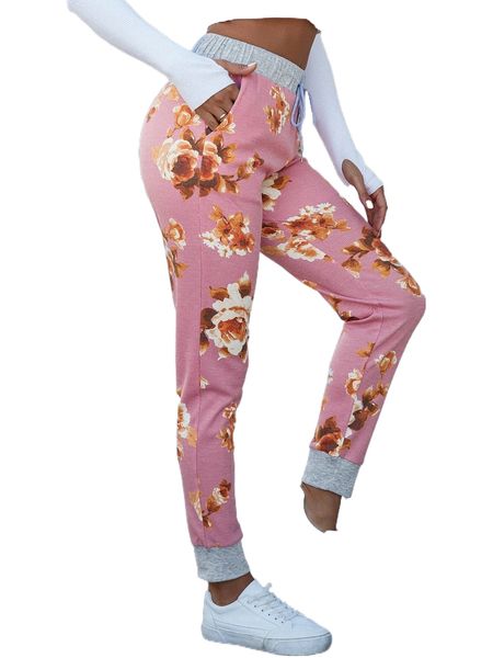 

dearcase floral print drawstring waist waffle knit sweatpants h5jg#, Black;white