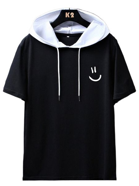 

men cartoon graphic two tone drawstring hooded tee d87g#, White;black