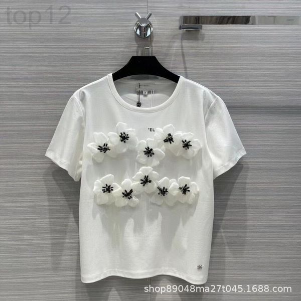 

women's t-shirt designer chaopai 22ss early spring new pure manual positioning nail bead technology three-dimensional camellia flower a, White