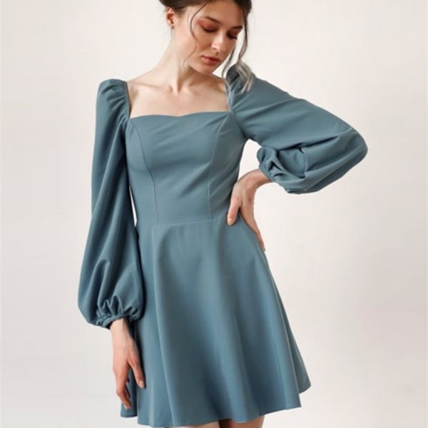 

churses solid casual spring mini dress puff sleeve square neck elegant slim party ladies vintage a line women es 220425, Black;gray