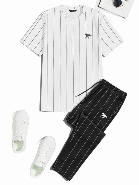 

men horse print striped & pants set j30v#, Gray