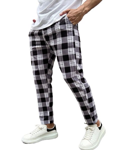 

men plaid print drawstring waist carrot pants v1b7#, Black