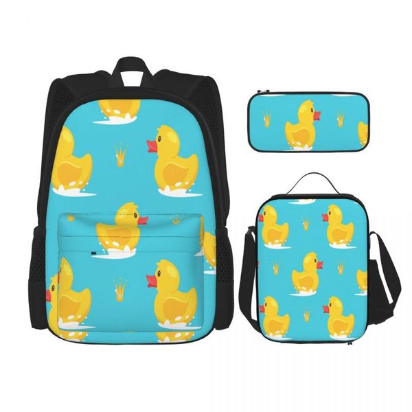 Backpack 3pcs/set pato de borracha de desenho animado e coroa dourada em mochilas azuis bolsas escolares para meninos meninas estudantes bolsa de viagem mochila casual