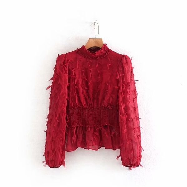 

women elegant tassel decoration elastic waist chic blouses ladies stand collar ruffles smock shirts chemise ls6088 y200402, White