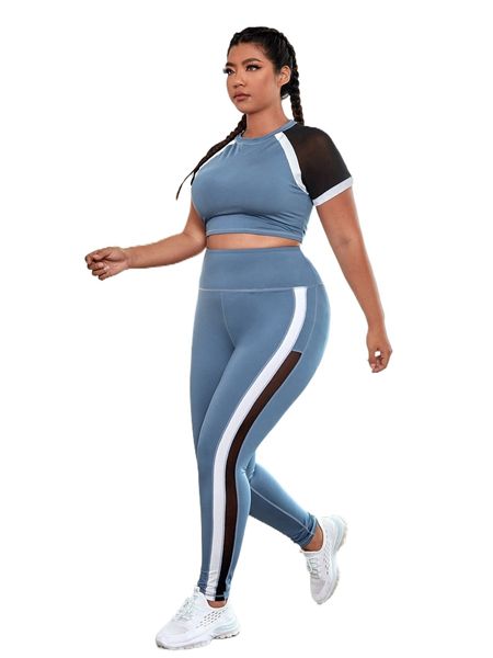 

plus four-way stretch mesh insert contrast panel titching sports set f3e6#, Black