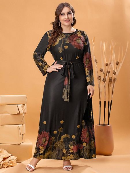 

plus floral print belted dress 38rn#, Black