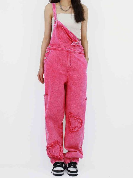 Rose Red Denim Overalls Frauen Jeans Sommer Neue Retro Hong Kong Stil Lose Design Nische Gerade Breite Hosen weibliche Hosen l220726