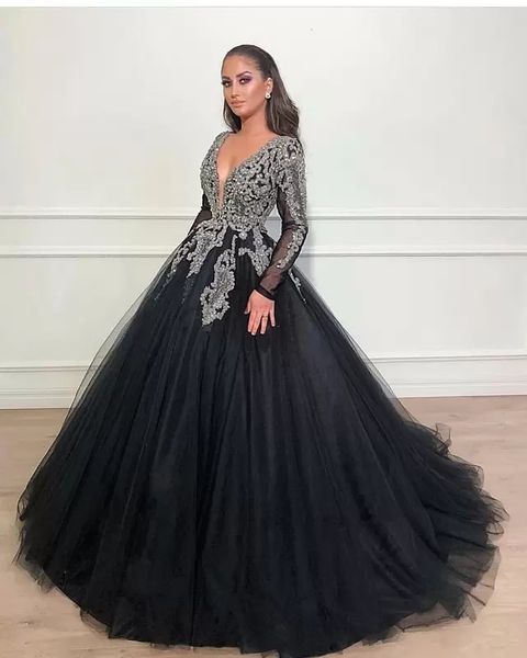 Дубайский арабский черный вечерний платье -выпускное платье V v Sece с длинными рукавами с блестками бусинки кружевная аппликация сладкие 16 платья Quinceanera платья Вестидос