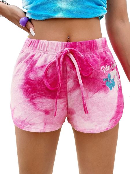 

floral & letter embroidery tie dye knot front shorts 78l3#, White;black