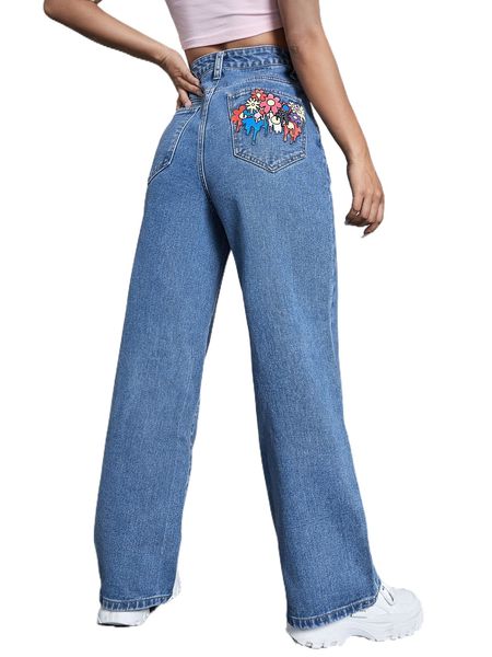 

high waist floral print straight jeans 96ta#, Blue