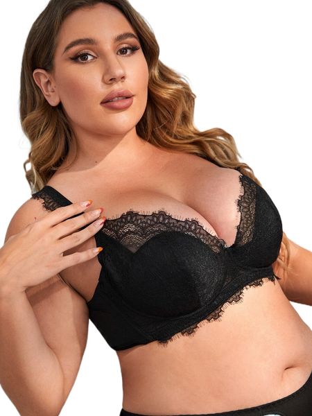 

plus eyelash lace panel underwire bra j7cd#, Black;white