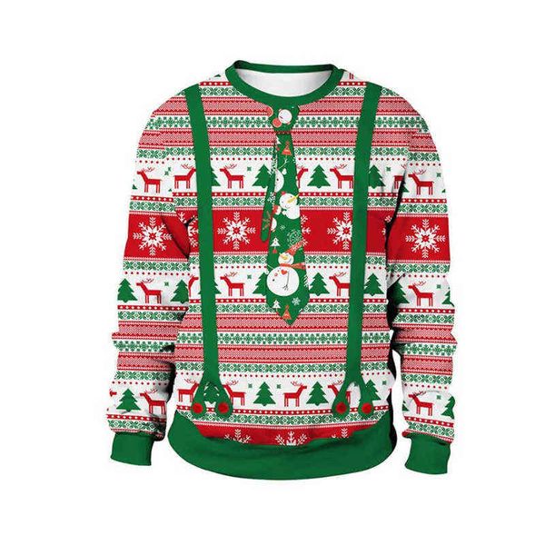 Homens Mulheres engraçadas Sweater de Natal Feio Jumpers Xmas 3D Árvores de Natal Flakes de neve Snowman rena Prind Holiday Sweatshirt L220730