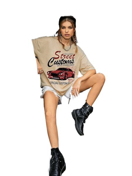 

car and slogan graphic drop shoulder tee w9c2#, White