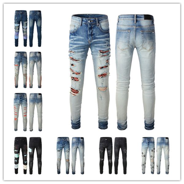 

mens designer jeans distressed ripped biker slim fit motorcycle bikers denim for men s fashion mans black pants pour hommes, Blue
