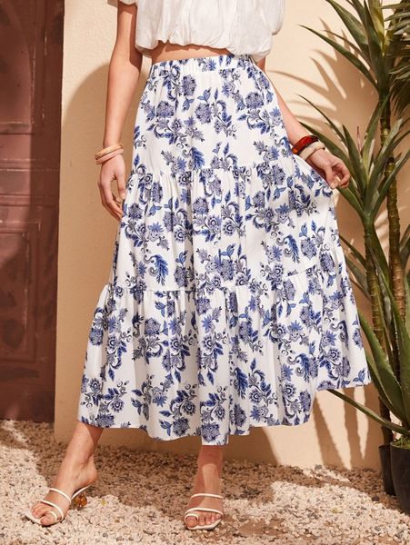 

floral flounce hem skirt y8dq#, Black