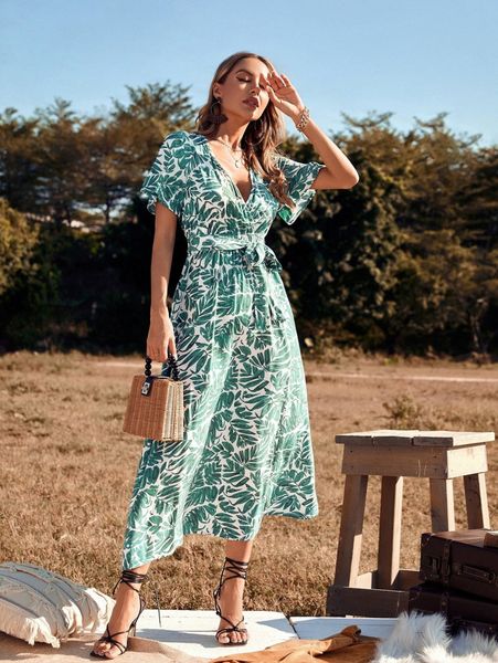 

tropical print split thigh belted dress p3xj#, Black;gray