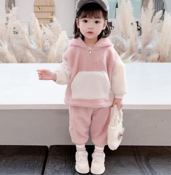 

clothing sets 1-6y plush coat fashion style warm clothes autumn&winter suit children's thickened girls winter two-piece size 80-130, White