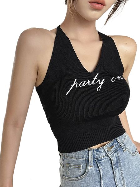 

dazy letter embroidered rib-knit halter p1cv#, White