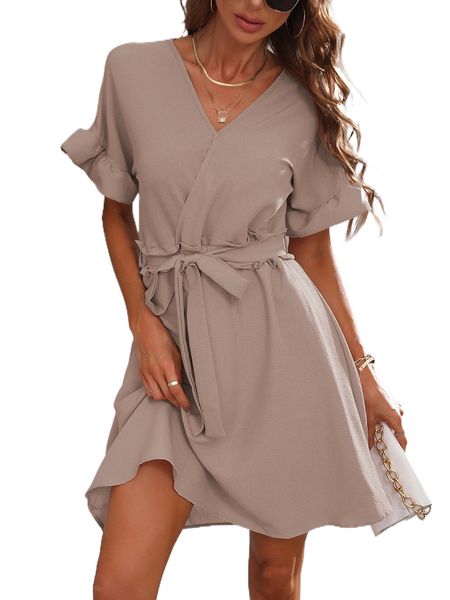 

surplice neck flounce sleeve belted dress l2t5#, Black;gray