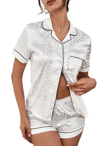 

leopard jacquard contrast piping satin blouse & shorts pj set t4wo#, Black;red