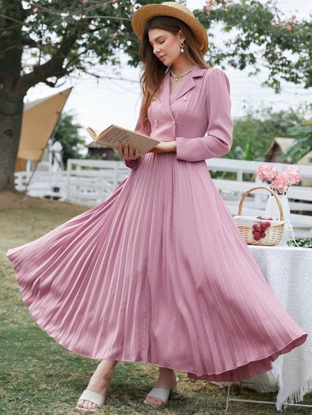 

lapel collar puff sleeve pleated hem satin dress l9mz#, Black;gray